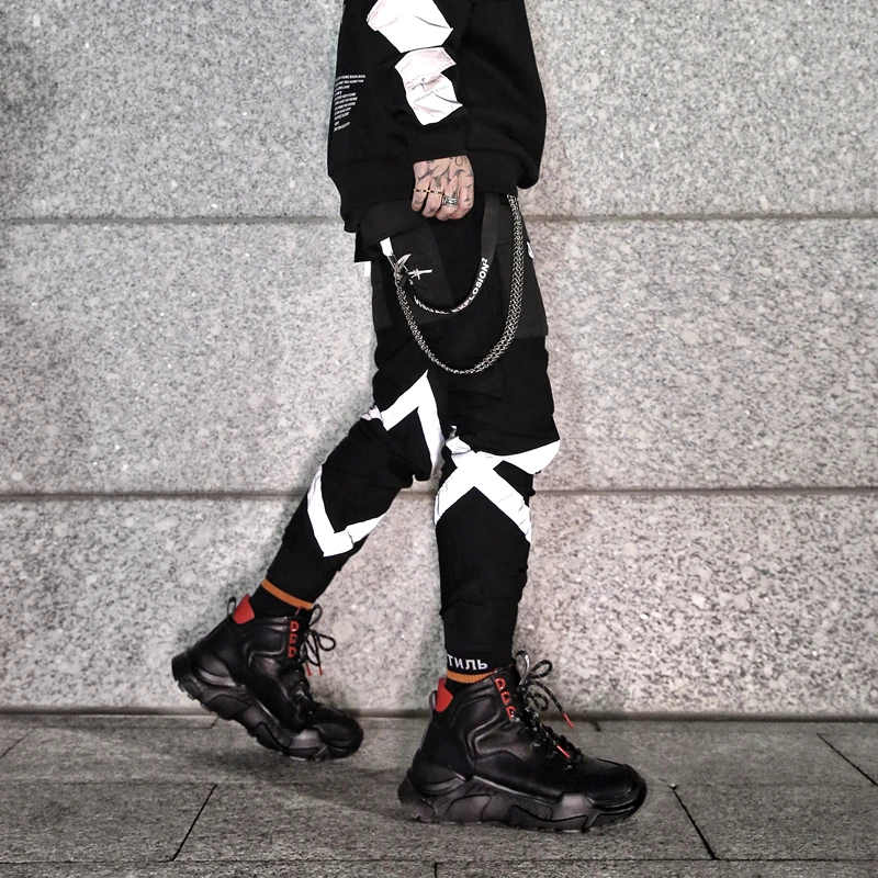 Для мужчин крепления светоотражающей полоски черный тактический Штаны в стиле «хип-хоп» модная эластичная кулиска на талии мужской уличная и детей постарше мягкие тренировочные Штаны брюки