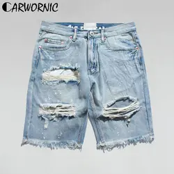 CARWORNIC отверстие хип хоп джинсы короткие мужские летние рваные и потёртые разрушенная деним повседневные мужские шорты синяя хипстерская