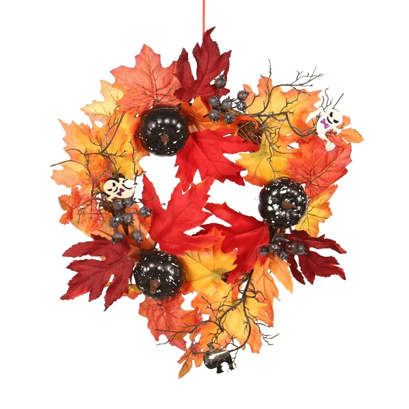 

Halloween Hanging Garland Ornament Front Door Decor Wreath With Artificial Pumpkin Maple Leaves For Wall Window Home Party Decor