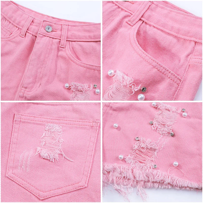 Розовые рваные джинсовые шорты с жемчужными бусинами, женские свободные белые джинсовые шорты с высокой талией, шорты цвета хаки с бахромой и жемчужинами, летние короткие джинсы