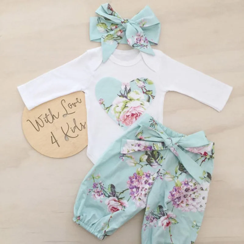 Комплект одежды для новорожденных девочек, Детский комбинезон с длинными рукавами и цветочным принтом для девочек и длинные штаны с принтом комплект детской одежды из 3 предметов