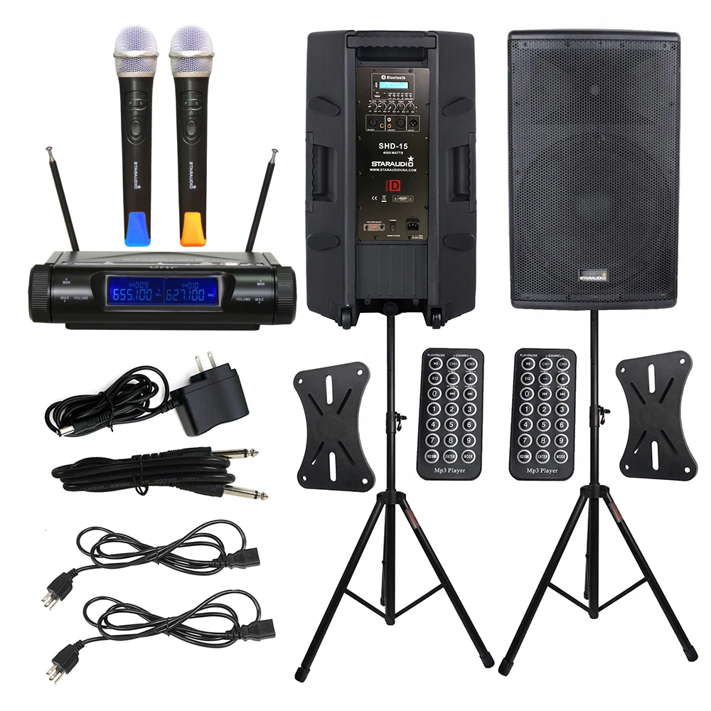 

STARAUDIO Dual 4000W Powered 15" PA BT USB Speakers DJ Active Speaker Stands 2 Channel UHF Wireless Handheld Microphone SHD-15