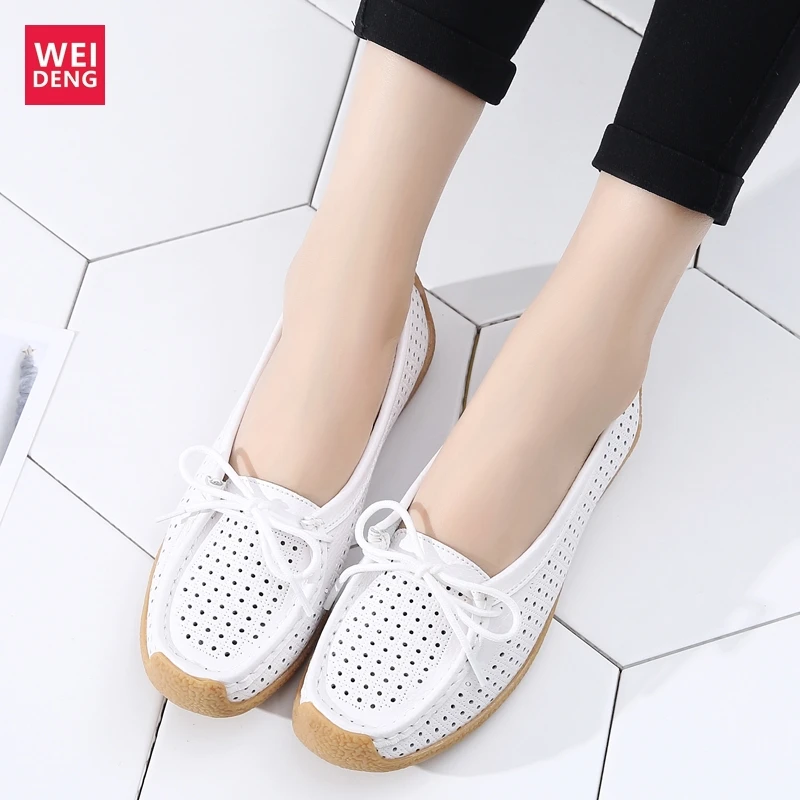 

WeiDeng Women 100% Genuine Leather Flat Loafers Shoes Female Casual Lace Up Hollow Out Soft Sole Breathable 2019 New Arrival
