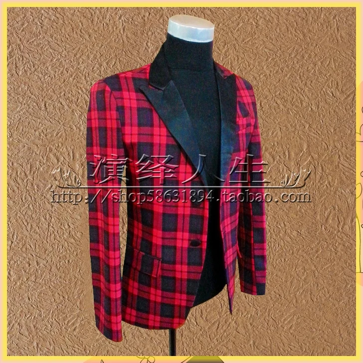 Plaid Formal Business Suit Jacket Mens Blazer / Groom Wedding Dress Dinner Party Men Red Plaid Blazer New Night Singer Costume