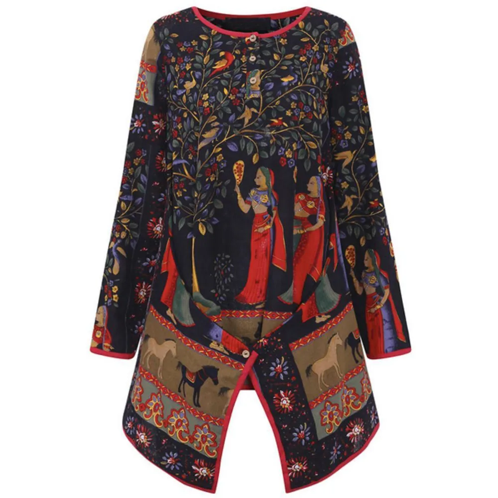 Women Vintage Print Blouse Plus Size O Neck Long Sleeve Shirt Ladies Casual Loose Cotton blend Womens Tops And Blouses #SW