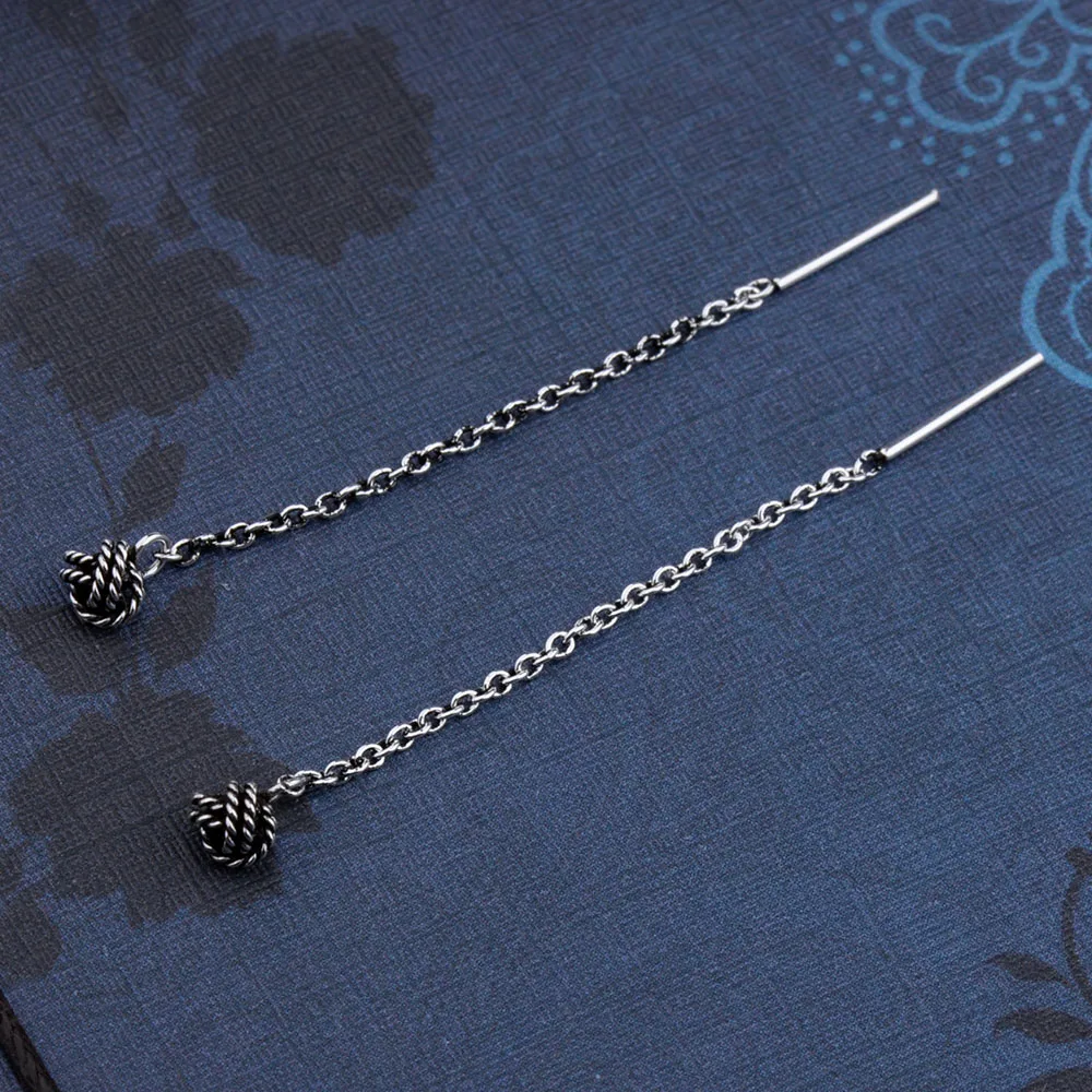 Mythic Age Real 925 Sterling Silver Vintage Hemp Rope Ball Ear Line Wire Drop Earrings Jewelry Gift for Woman Girl Fine Jewelry