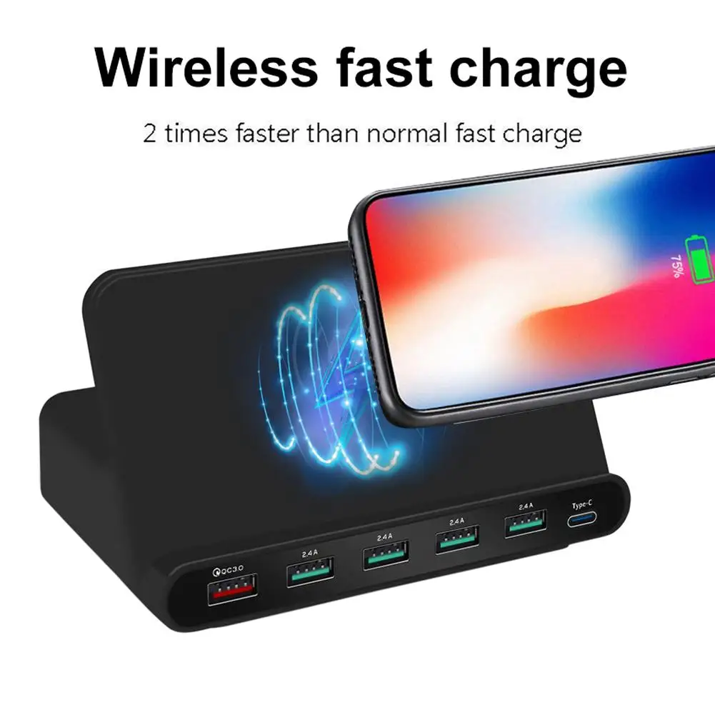

HOT 3 in 1 Wireless Charger 6 Ports QC 3.0 2.14A USB Type-C Fast Charging Dock Stand