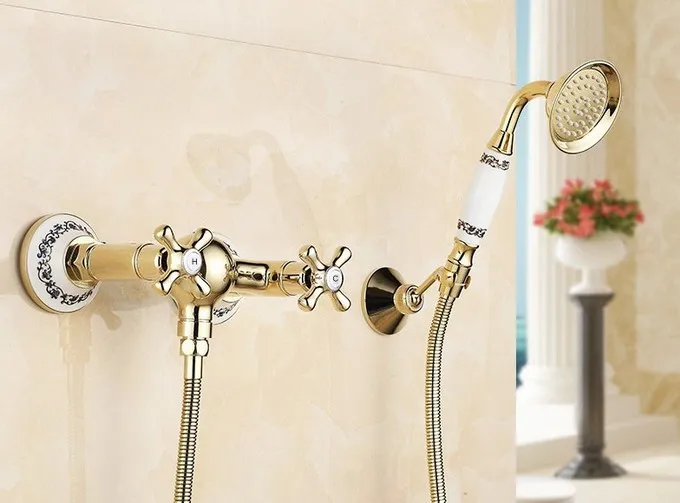 

Gold Color Brass Wall Mounted Bathroom Two Cross Handles Telephone Hand Held Shower set With Wall bracket &1.5m Hose atf405