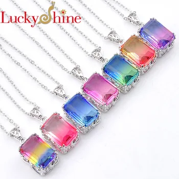 

promotion Hot Luckyshine square Design Pendants Bi-Colored Tourmalin Gem Silver Necklaces For Women Engagement Gift Jewelry