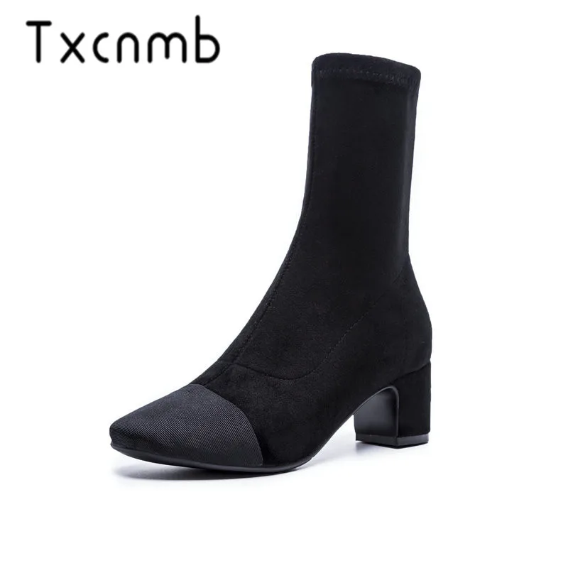 

TXCNMB 2019 Boots Women Ankle Boots for Women Winter Cow Suede Leather High Heel Shoes Woman Zipper Size 40
