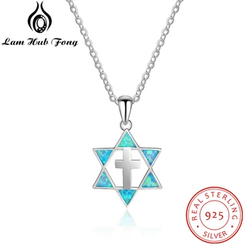 

Genuine 925 Sterling Silver Blue Fire Opal Necklace Cross Necklaces Pendants Hexagram Jewelry Accessories Gift (Lam Hub Fong)