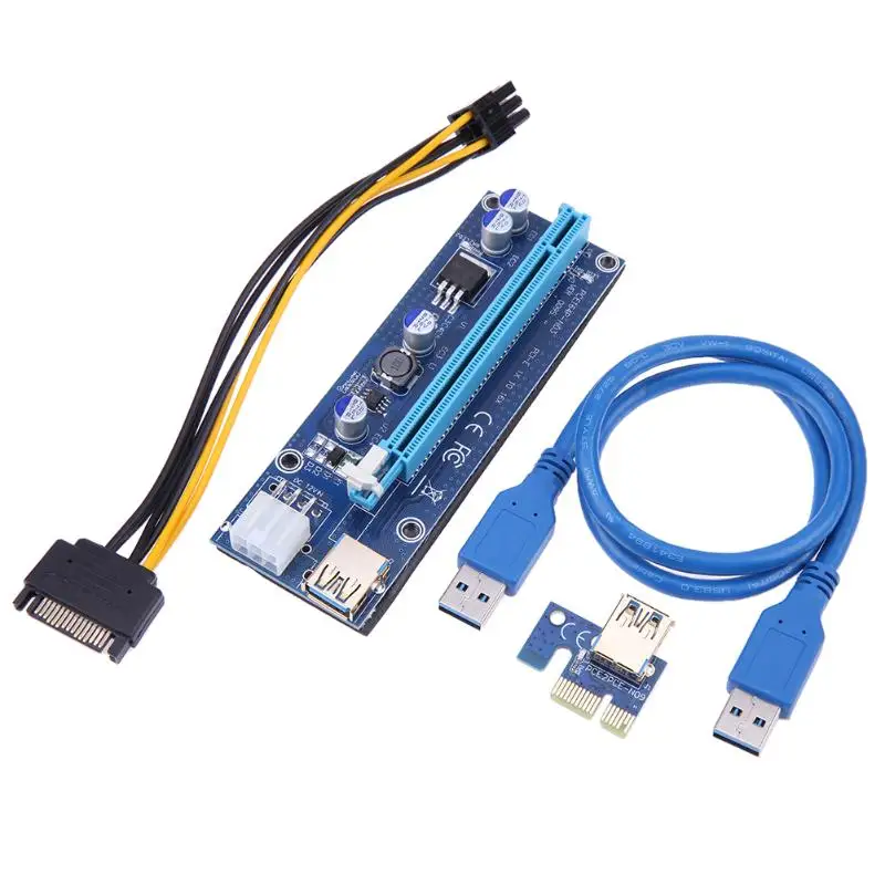PCIe riser PCI-E 1X to 16X Riser Card with 15Pin SATA to 6Pin Power Cord +60cm USB 3.0 Data Cable for BTC LTC Miner mining