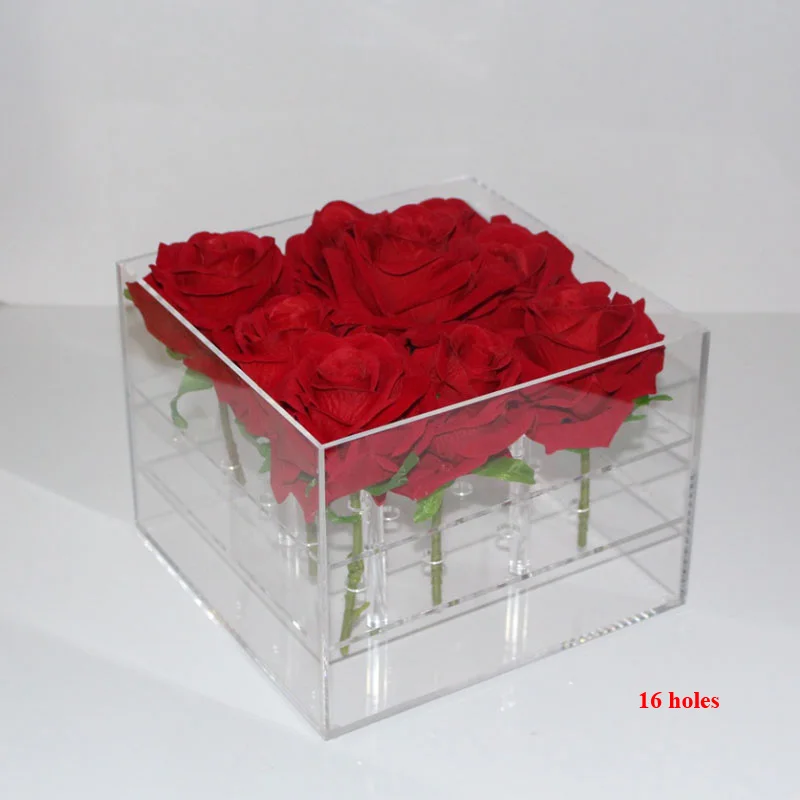 Прозрачный акриловый материал, органайзер для макияжа, коробка для косметики, чехол для цветов розы, коробка с крышкой, органайзер для макияжа, коробка для хранения цветов - Цвет: 16 holes