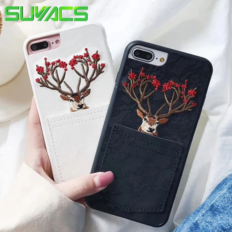 

SUYACS Christmas Embroidery Phone Cases For iPhone 7 8 Plus X XS MAX XR 6 6S Retro Sika Deer Elk Soft TPU Phone Back Cover Capa