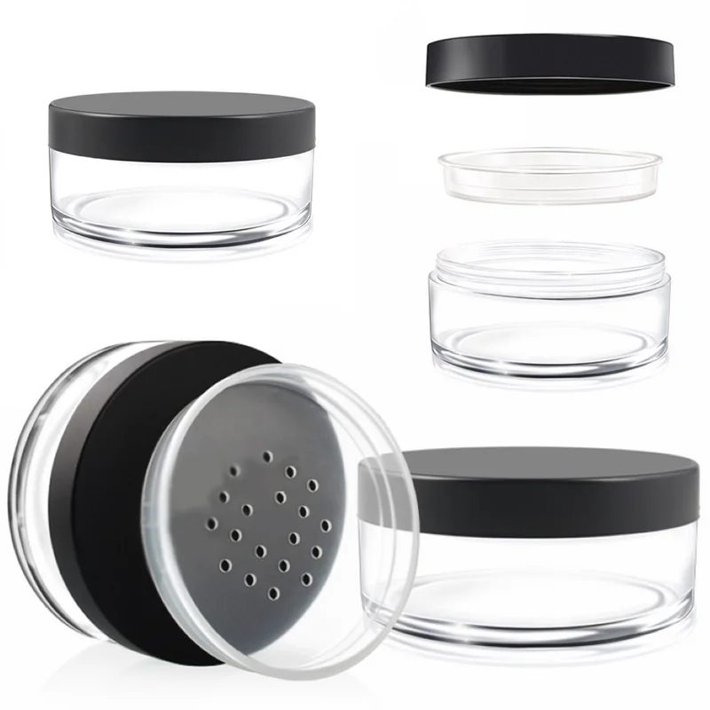 1pc 50g Empty Refillable Powder Jar Black Clear Plastic Empty Powder Sifter Jar Box Pot Cosmetic Container Tool 68 x 32mm