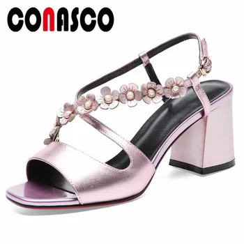 

CONASCO Women New Brand Design Elegant Pumps Flowers Decoration Square High Heels Summer Buckle Sandals Prom Party Shoes Woman