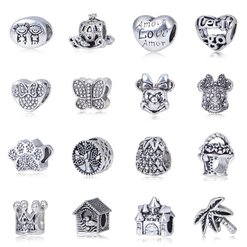 

2pc/Lot Beads Pendant fit Pandora Charm Bracelet Bangle Heart Love Beads Angel Crown Minnie Mickey Castle DIY Jewelry