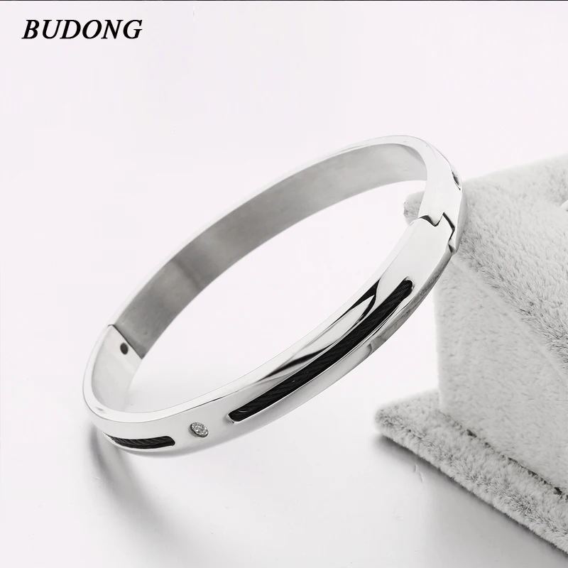 

BUDONG Brand Luxury 2017 Rope Embed Silver Color Stainless Steel Wristband Handcuff for Men High Quality Bangle Bracelet BZ006