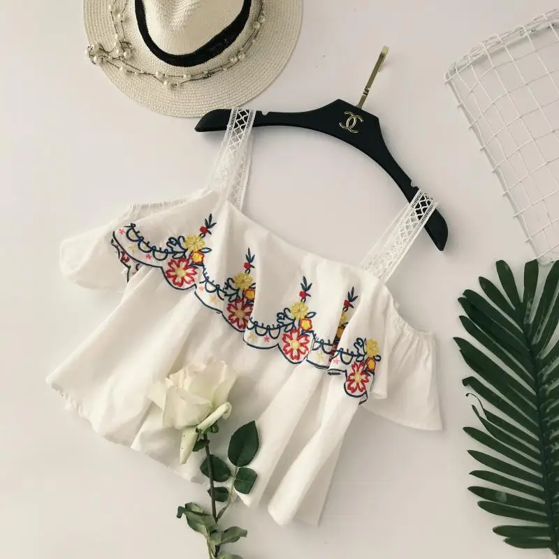 Новое поступление Лето корп Топ Женская мода свободные оборки Вышивка Цветы Slash Camisole Женская Повседневная Лодка короткие майки Топ