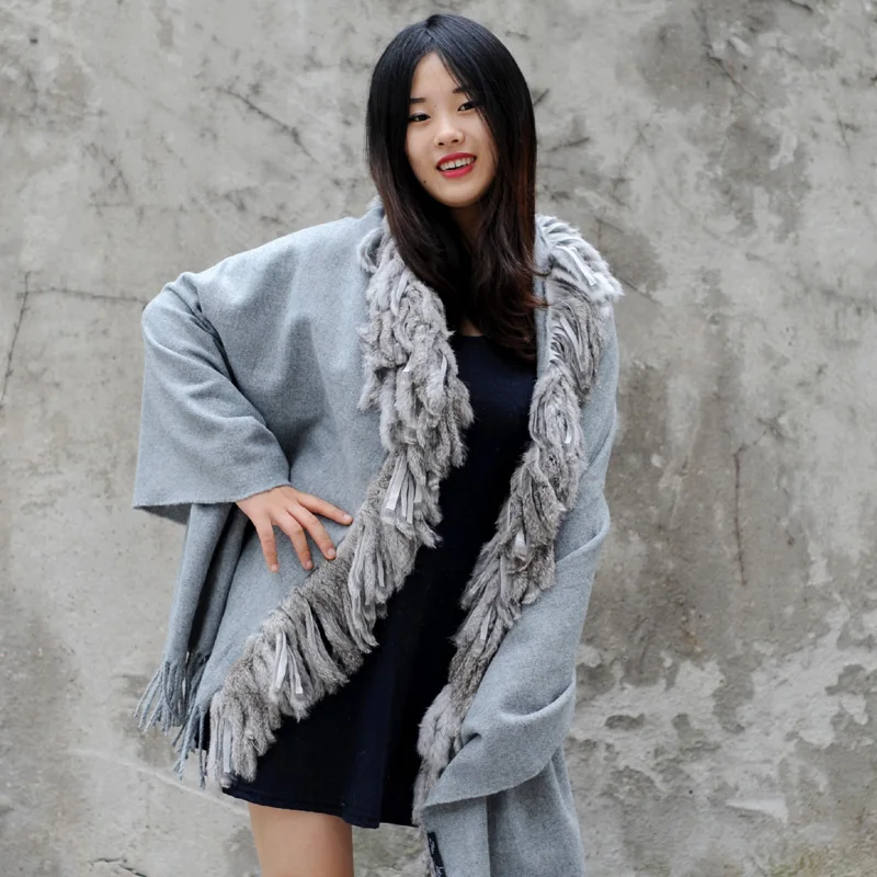 

FREE SHIPPING CX-B-P-07B New Cashmere Genuine Rabbit Fur Trimmed Pashmina Shawl