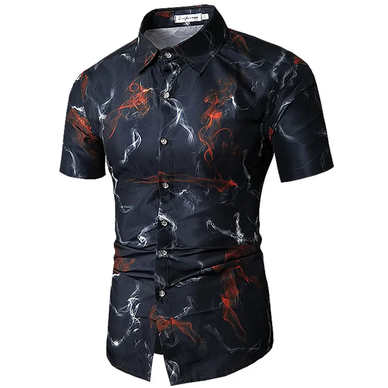 

2019 summer new men's 3d digital printing short-sleeved shirt loose large size 3XL square collar casual slim short-sleeved shirt