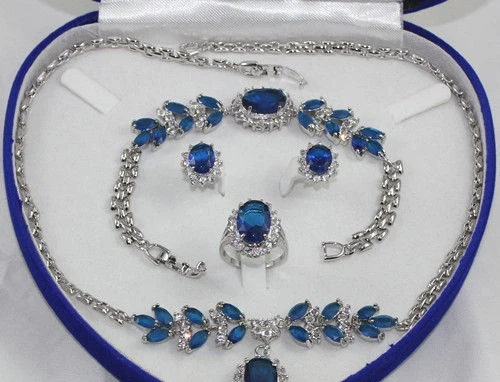 

18K Gold Plated Inlay Blue crystal Necklace Bracelet Ring Earring set no box
