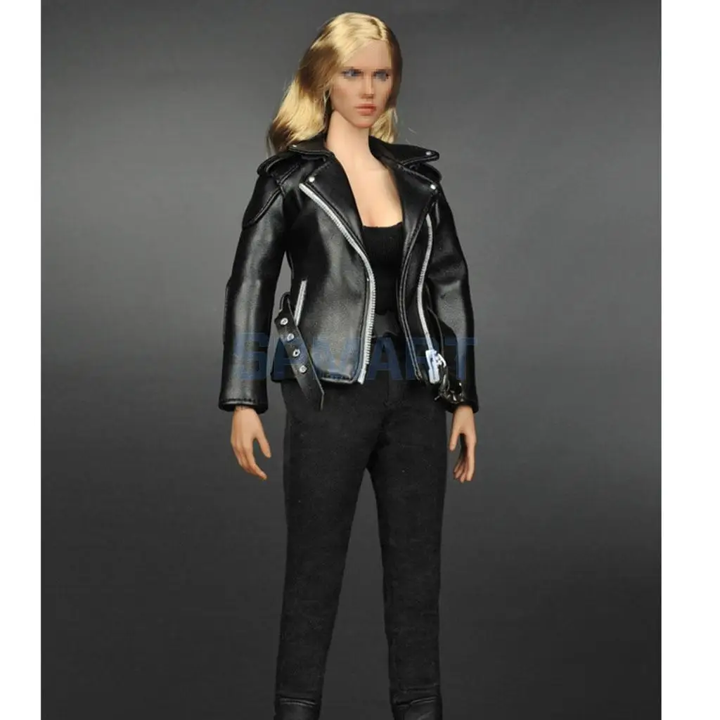 1//6 Female Clothes Black Pants Vest PU Leather Jacket Suit for 12inch Figure
