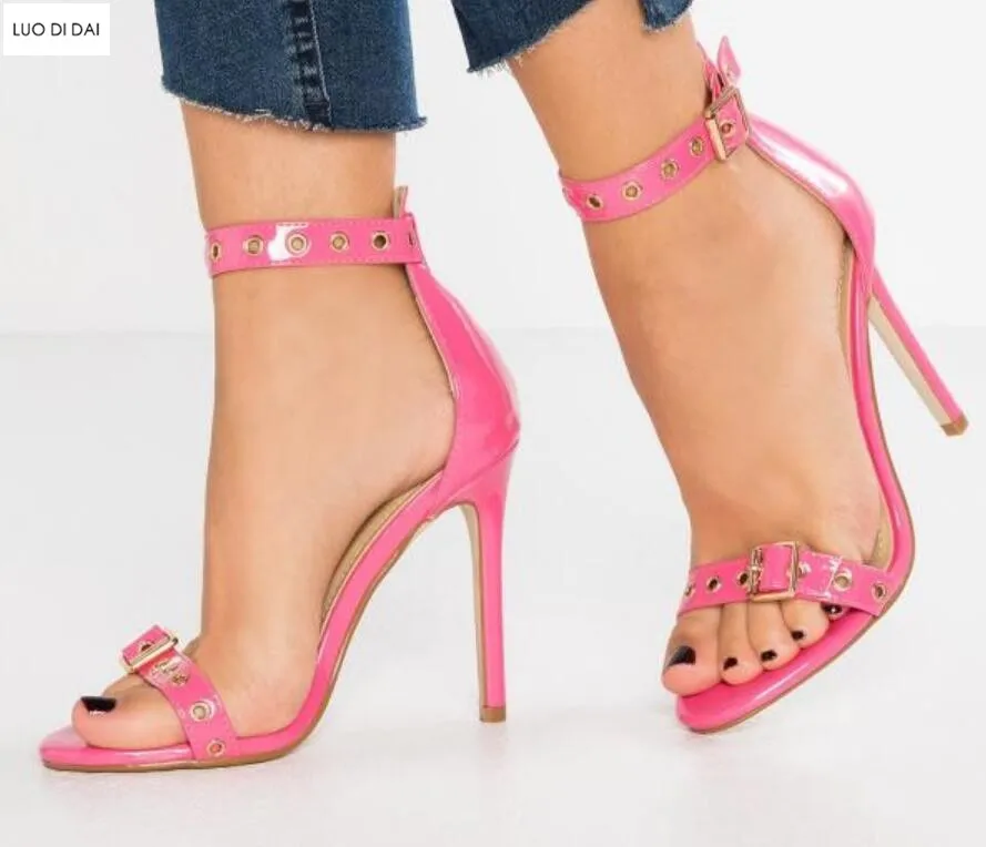 

2019 women party shoes buckle sandals candy color pink sandals open toe ankle strap sandals patent leather wedding shoes womens