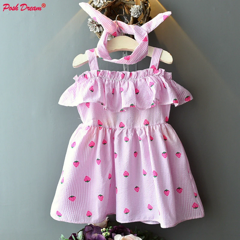 

POSH DREAM New Strawberry Printed Children Girls Dress with Headwear Summer 2019 Cotton Pink Toddler Baby Girls Clothes Dresses