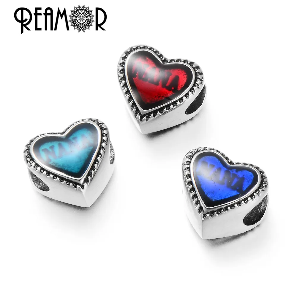

Reamor On Sale High Polished 316l Stainless Steel Heart Beads Red/Blue Nana Text Charms Beads For Women Bracelet Jewelry Making