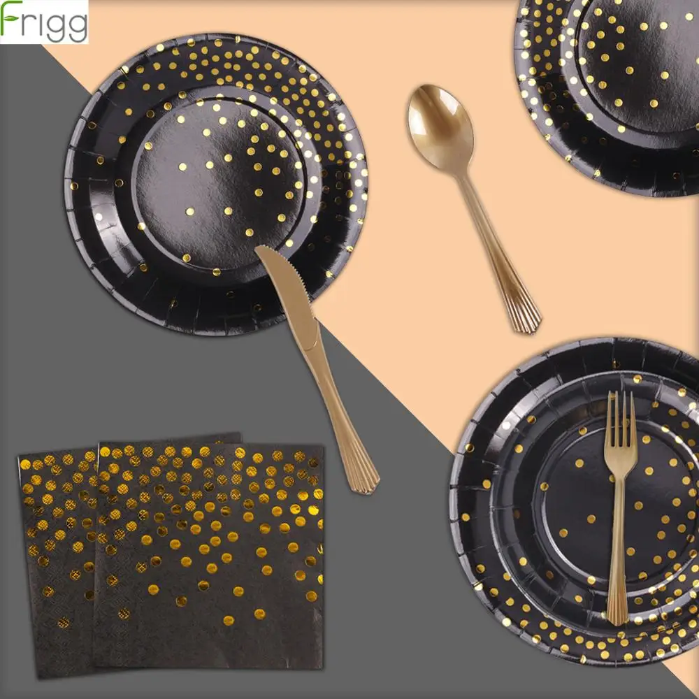 

168pcs Luxury Black Hot Stamping Disposable Tableware Disposable Cups Towel Paper Plate Spoon Birthday Party Decor Kids Supplies