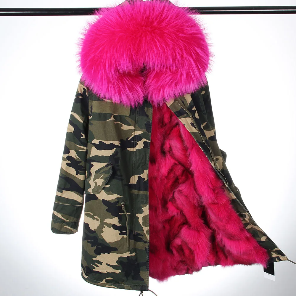 Шуба из лисьего меха, камуфляжная женская верхняя одежда, съемная зимняя куртка, большой воротник из меха енота, куртка-парка с капюшоном