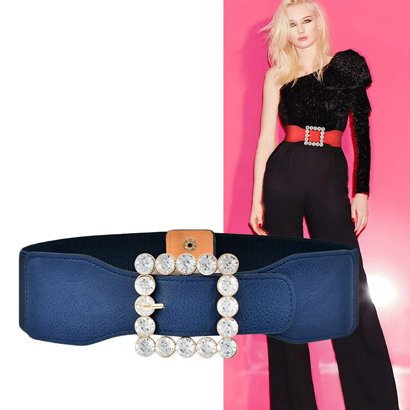 

Ladies Elegant Crystal Decoration Wide Belt For Women Seals Elastic PU leather Solid Colour Dresses Fashion Cummerbunds