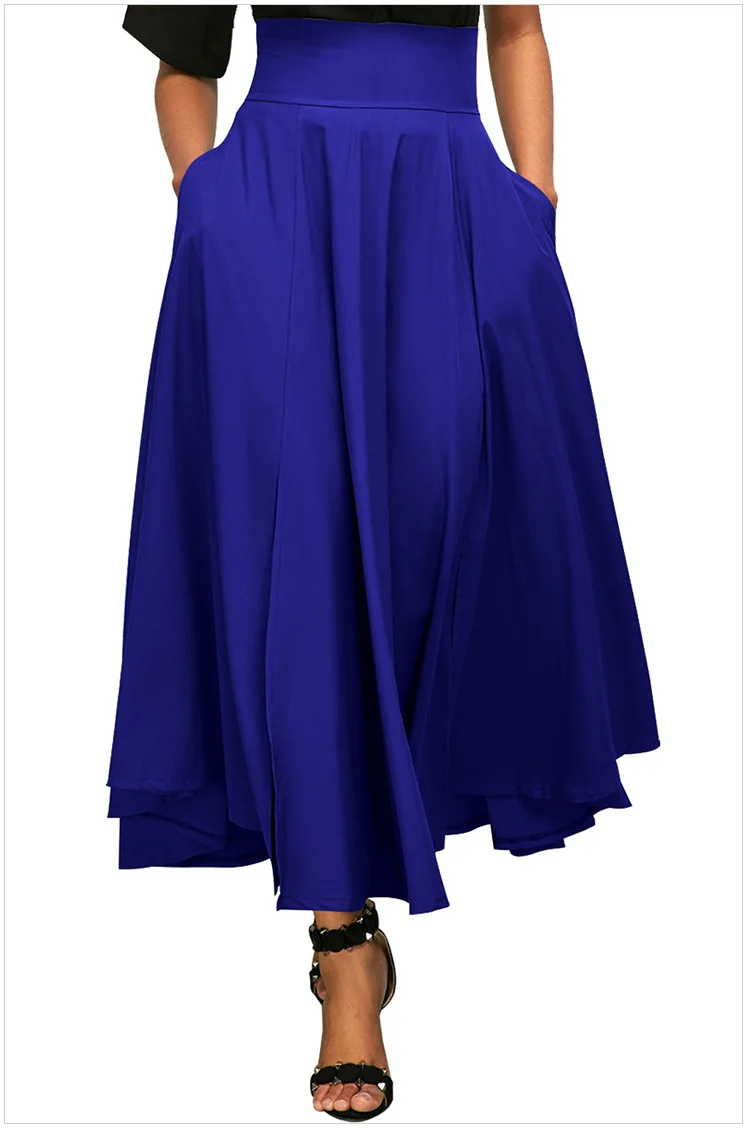Spring Women Long Skirts High Waist Pleated Maxi Skirts Solid Ankle ...