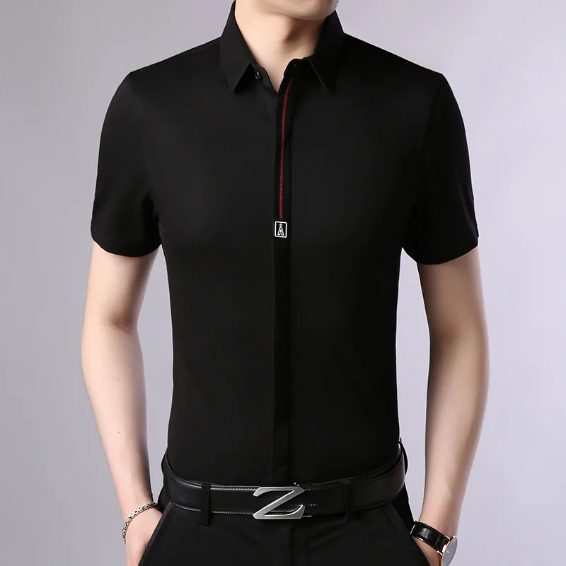 Новое поступление, летние мужские однотонные деловые тонкие рубашки, мужские классические повседневные футболки с коротким рукавом, мужская одежда 12805 - Цвет: black