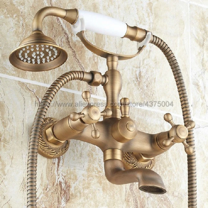 Dual Cross Handles Wall Mounted Antique Brass Bathroom Tub Faucet with Hand Held Shower Sprayer Ntf122