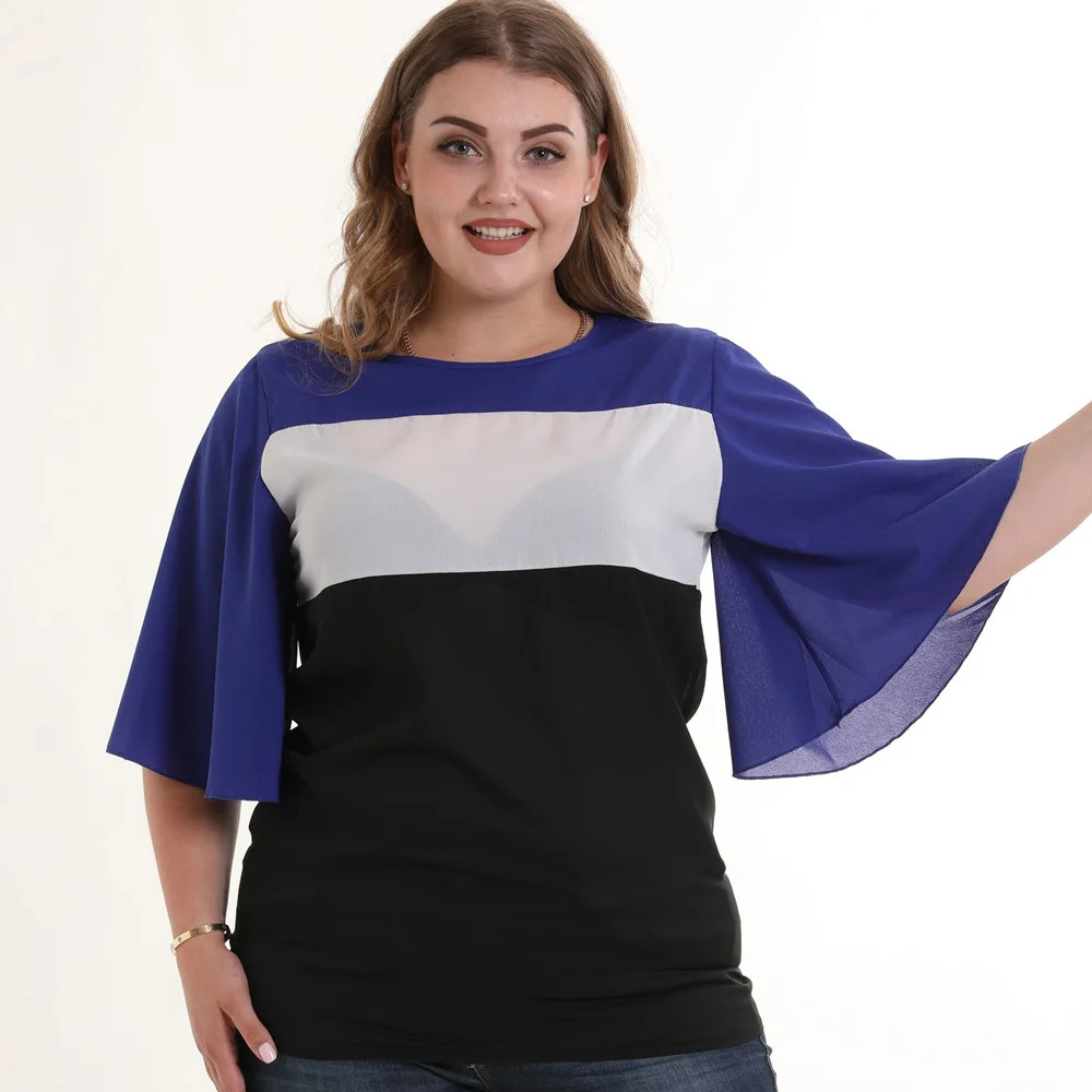 

2019 summer new casual chiffon short-sleeved five-point sleeves three-color stitching plus size 5XL loose shirt women's Top