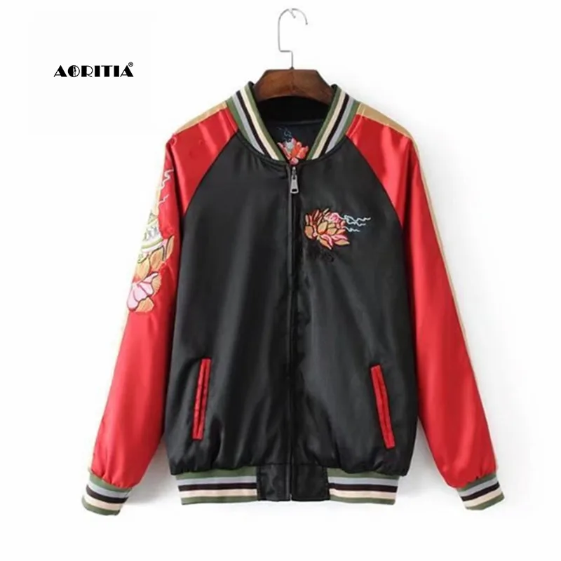 

2019 Women Embroidery 2 Sides Autumn Jacket Women Contrast Color Bomber Jacket Coat Pilots Outerwear Jaqueta Feminina