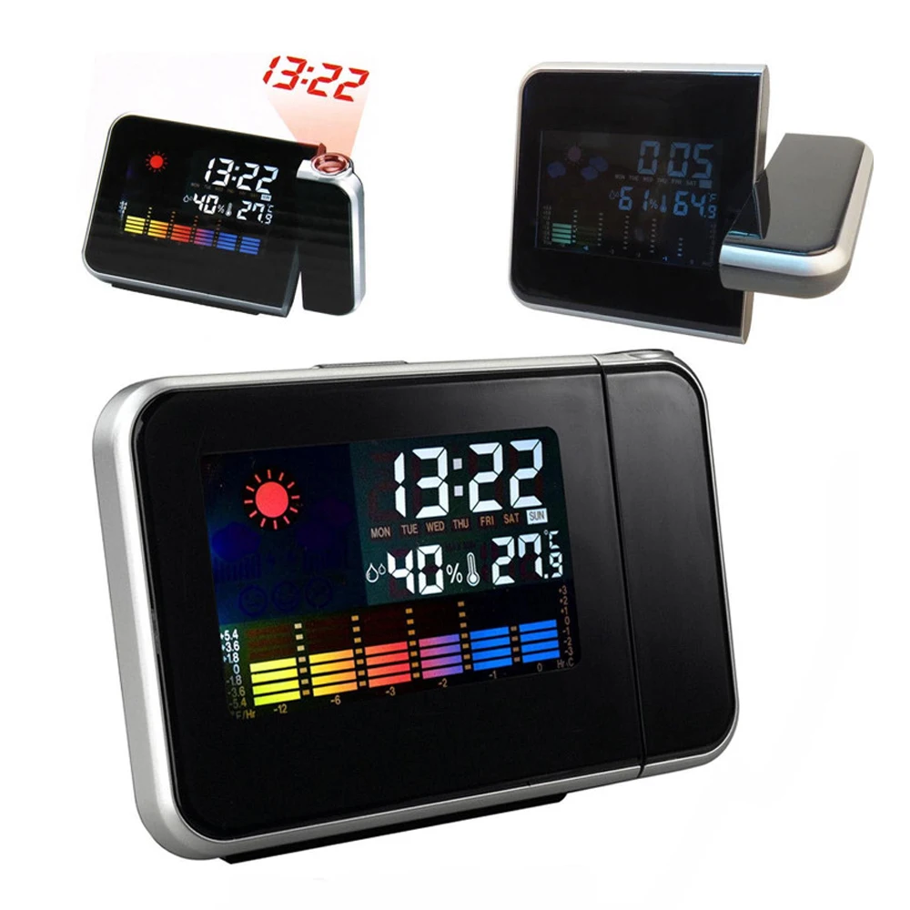 

Electronic Clock Wall Projection Weather LCD Digital Alarm Clock Dual Laser Rotatable Clock Color Display with LED Backlight