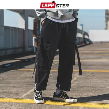 

LAPPSTER Men Streetwear Hip Hop Ribbon Black Joggers 2020 Mens Harajuku Cargo Pants Casual Harem Pants Baggy Pocket Trousers