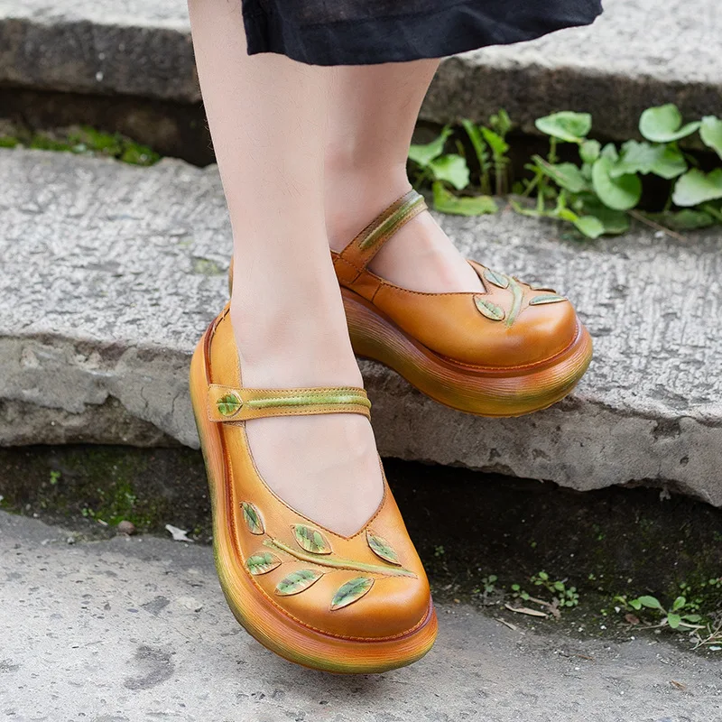 

Artdiya Original Genuine Leather Casual Women Shoes Spring and Summer New Leaf Wedges Heels Round Toe Cowhide Handmade Pumps