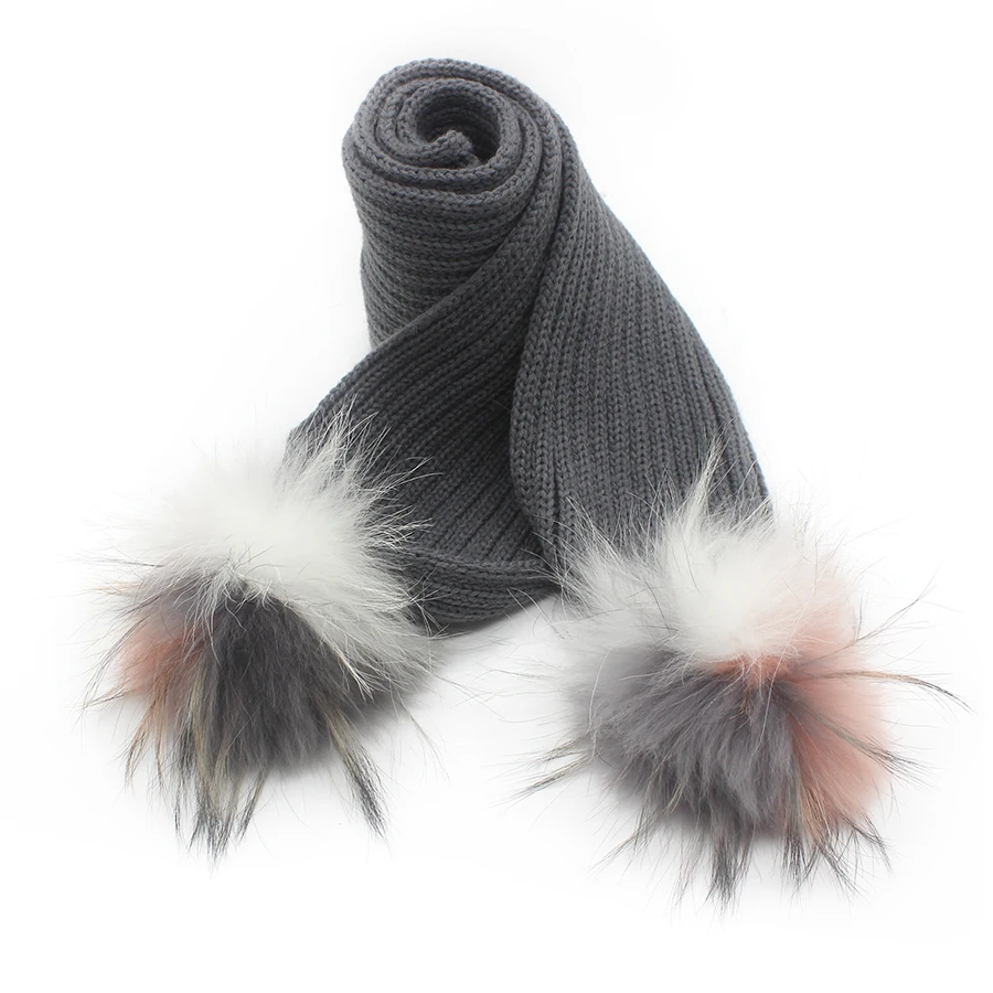 Детский зимний шарф со съемным натуральным мехом енота, помпоны для мальчиков и девочек, теплые шарфы с большим помпоном, меховой шарф