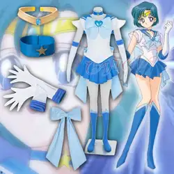 Самый дешевый Сейлор Мун SuperS Ami Mizuno Сейлор Меркурий костюм для косплея сексуальное синее платье для девочек комплект высокого качества