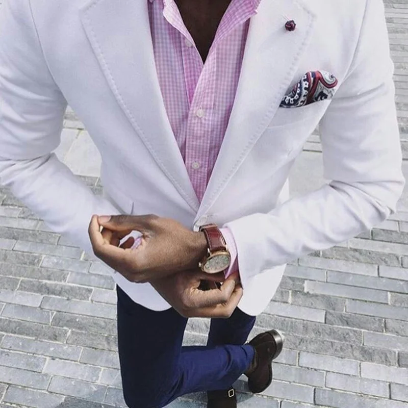 

Tailor-made White Men Suits Navy Blue Pants Summer Beach Terno Masculino Slim Fit Costume Homme 2Piece Custom Man Blazer Jacket