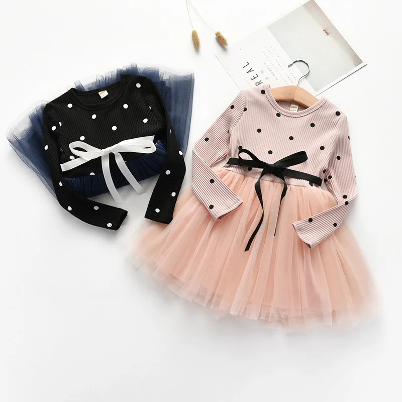 

Cute Long Sleeve Girls' Pompon Net Yarn Dress Spring Autumn Children Clothes Dot Gauze Princess Dresses Bow Fancy Party Dress