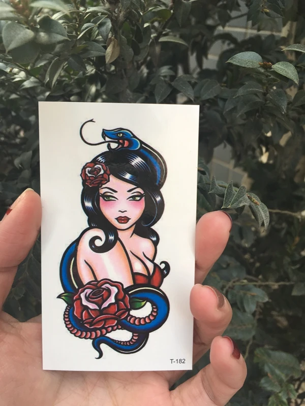 

2018 New Waterproof Temporary Tattoo Sticker Old School Gril Rose& Snake tatto flash tatoo fake tattoos for Woman Man