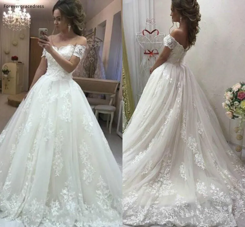 2019 Wedding Dress Sexy Off Shoulder Short Sleeves Lace Applique Tulle Sweep Train Bridal Gowns Summer Garden Vestidos Custom Made  169 (2)