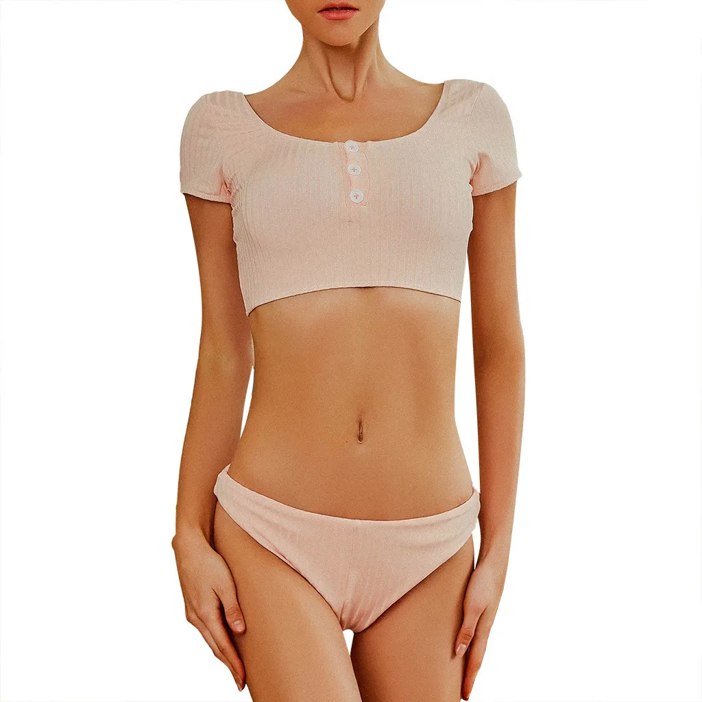 

SAGACE Solid T-shirt Backless Bikini Two Piece Padded Beachwear Swimsuit Push Up Swimsuit For Women Female Girls 2019 Summer