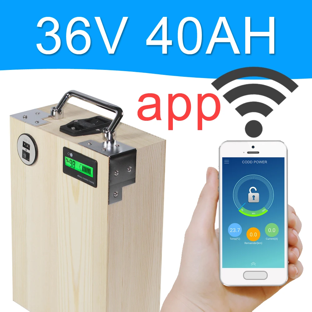 Discount APP 36V 40AH Electric bike LiFePO4 Battery Pack Phone control Electric bicycle Scooter ebike Power 1600W Wood 0