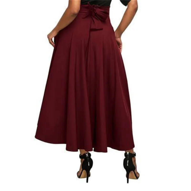 Новая модная элегантная винтажная Женская эластичная юбка с высокой талией, Однотонная юбка с бантом на спине, расклешенная плиссированная длинная юбка макси
